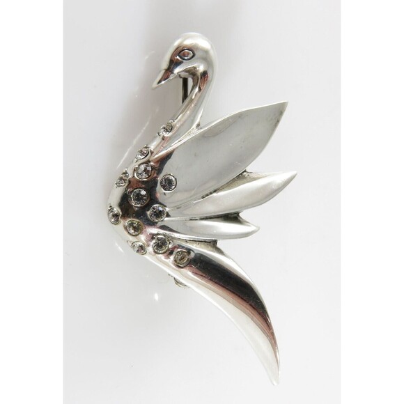 Vintage Sterling Silver Swan Brooch Pin With Rhinestones Designer Signed 1 7/8" - Picture 1 of 6